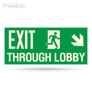 Photoluminescent Combined EXIT Sign – “Through Lobby / To Street” with Running Man & Direction Arrow